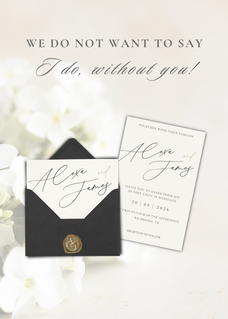 Wedding invitation card with black envelope and floral background