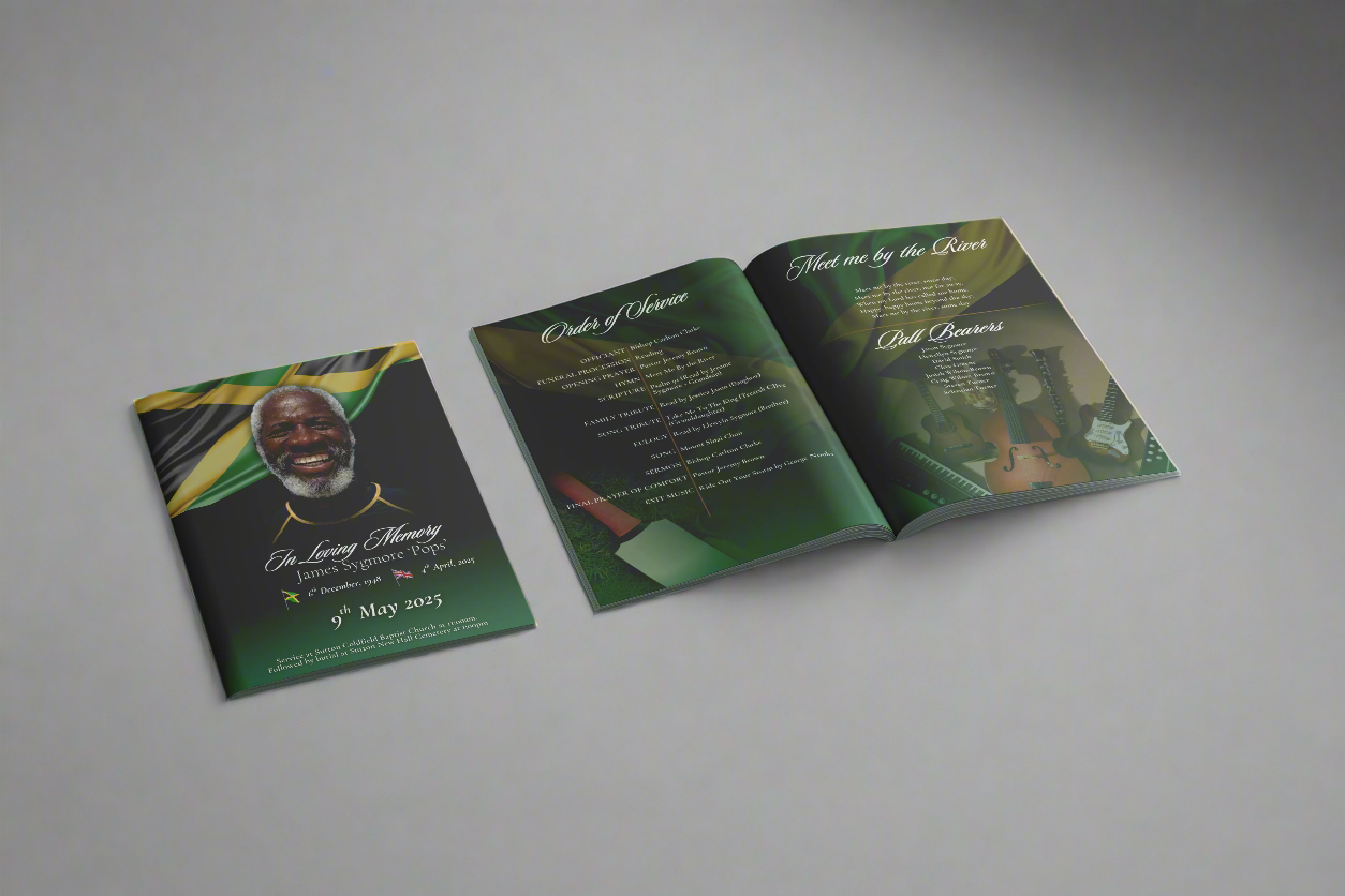 Open funeral program with images and text on a green background

