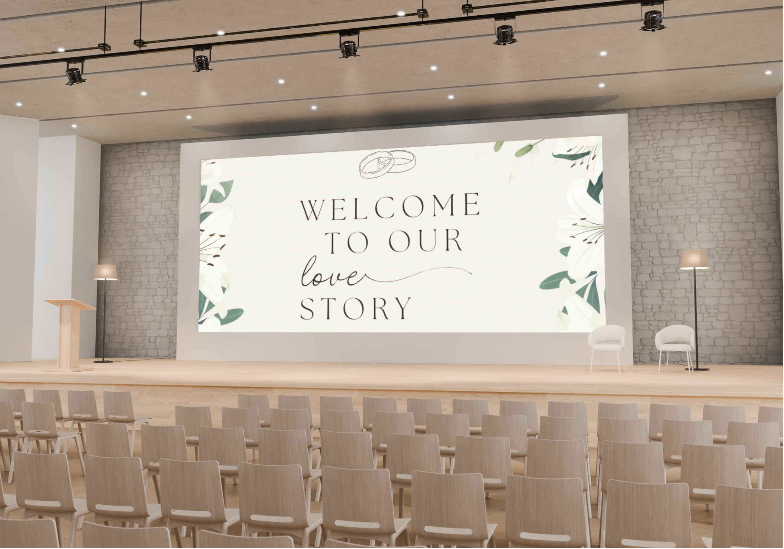Auditorium with a large screen displaying 'Welcome to our love story' text.
