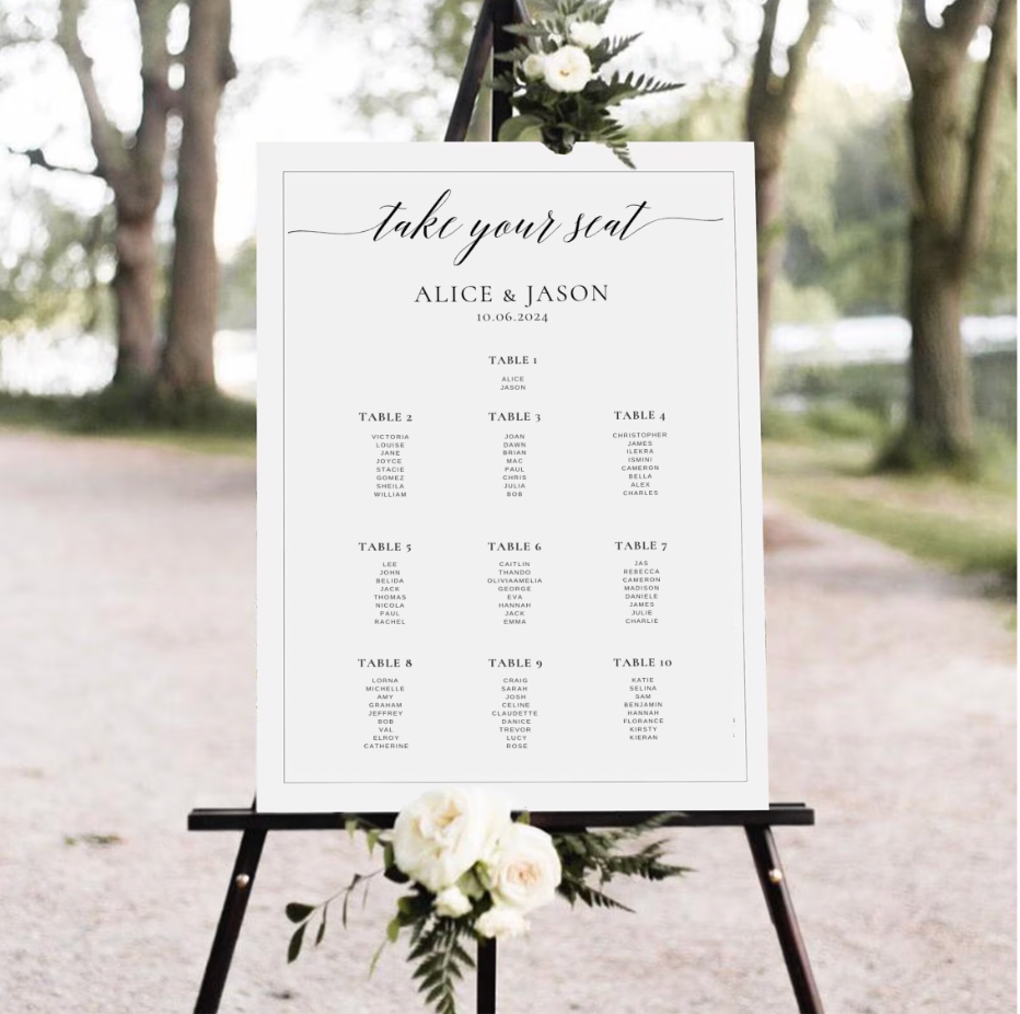 Wedding seating chart on an easel with floral decorations outdoors
